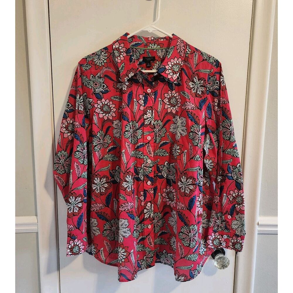 Talbots Plus Petite 2XP Pink Floral Shirt All Over Print Button Long Sleeve Top